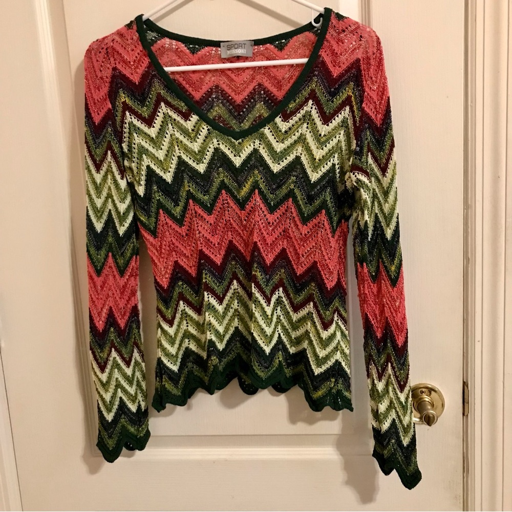 Missoni v-neck sweater IT 46 US 10 flamestitch zigzag coral orange olive green